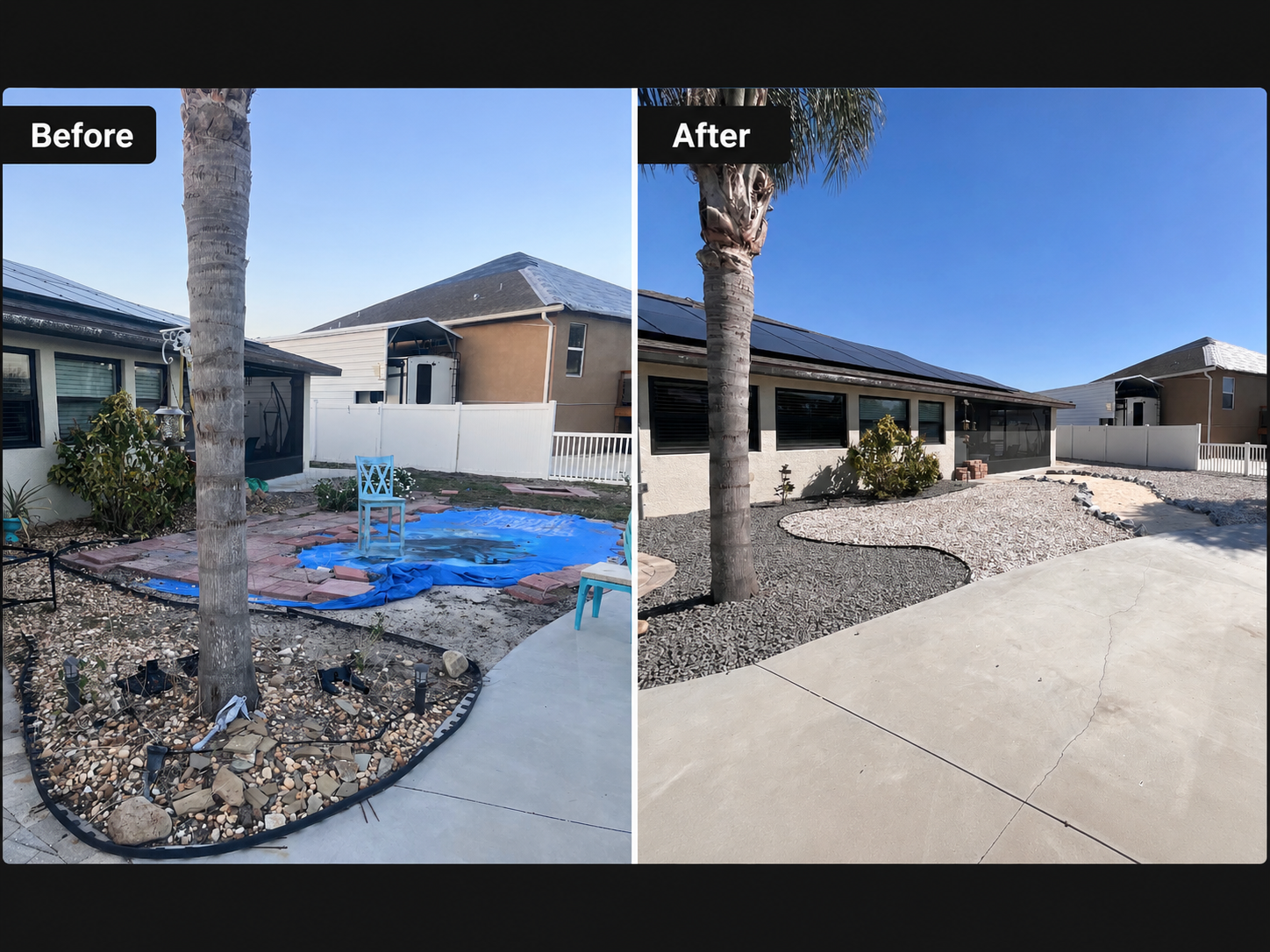 Backyard with decorative stone groundcover and defined planting beds